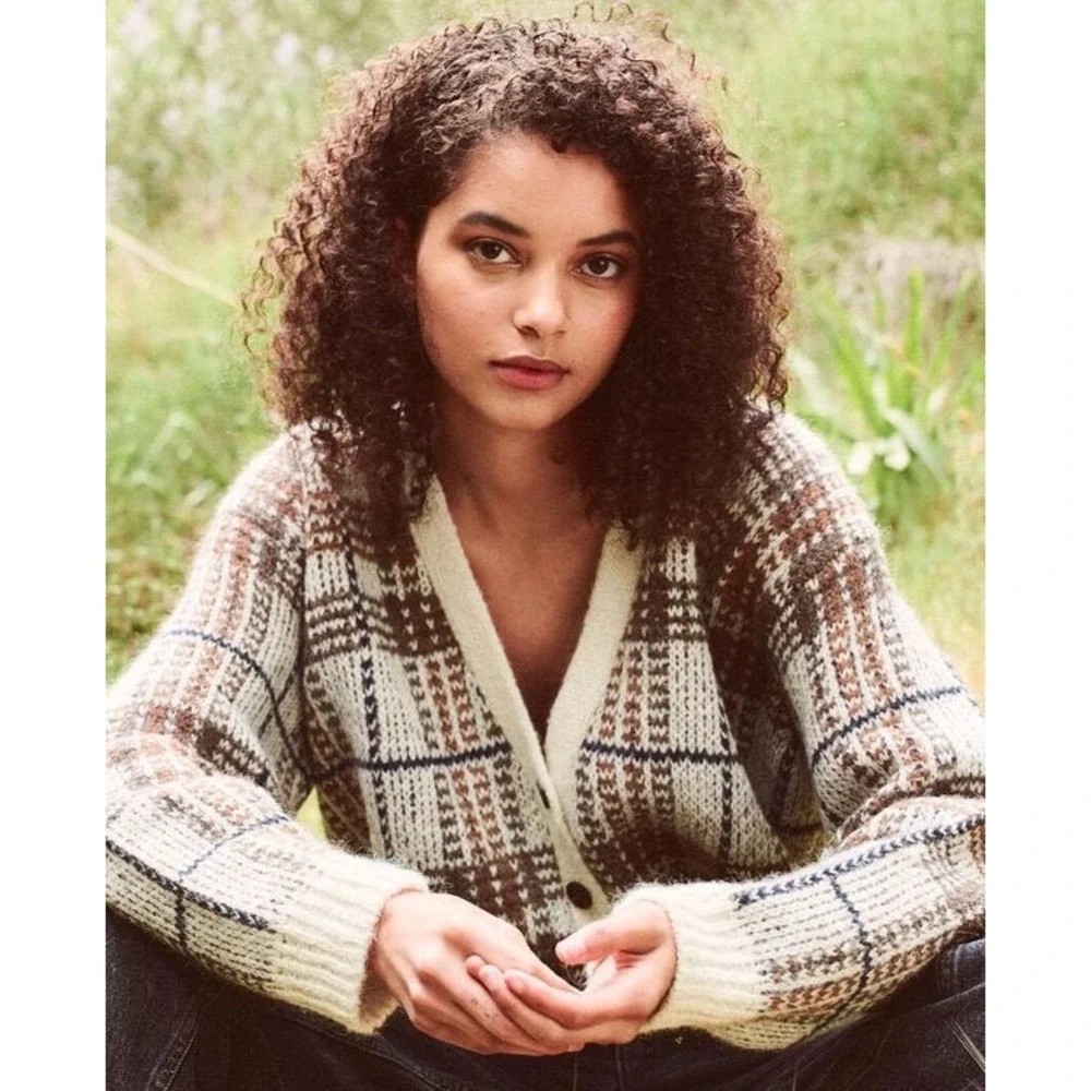 THE GREAT. | Estate Reversible Cardigan 3/Large Toasted Plaid Alpaca Wool Blend - Picture 2 of 15